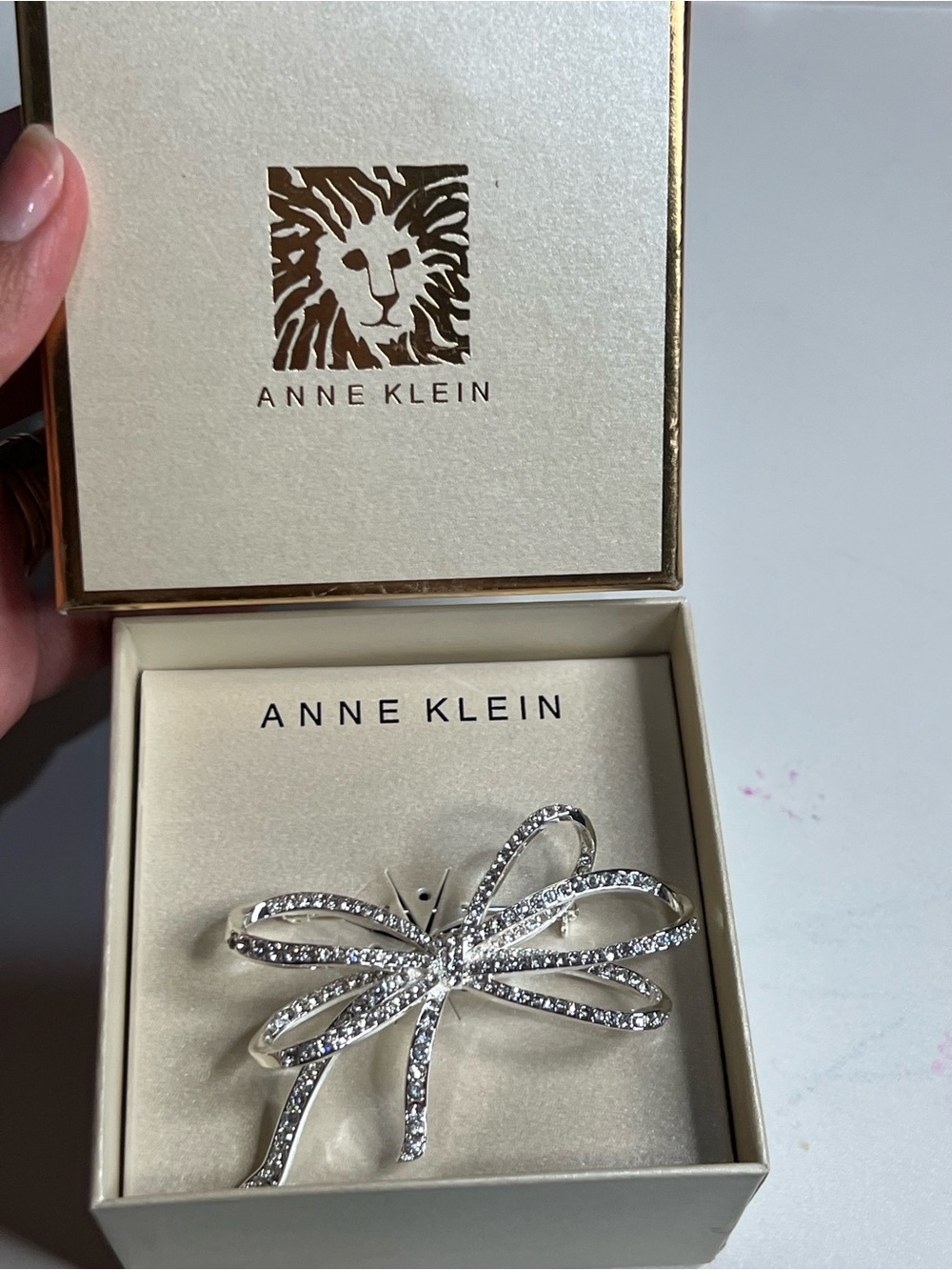 Anne Klein Silver Crystal Bow Brooch - Silver Tone